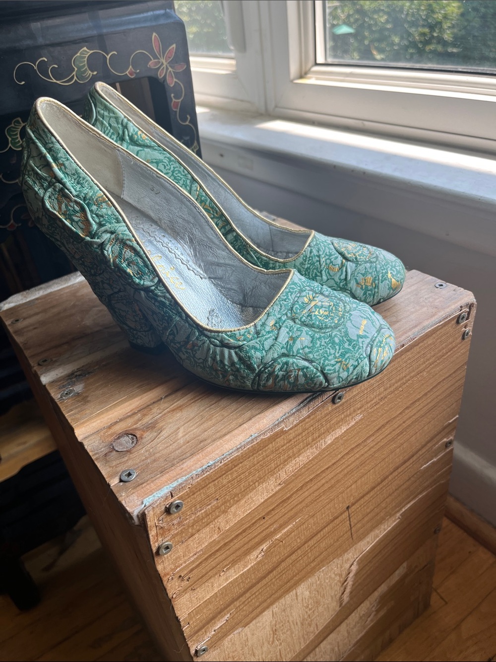 Irregular Choice Teal Brocade Heels with Gold Trim